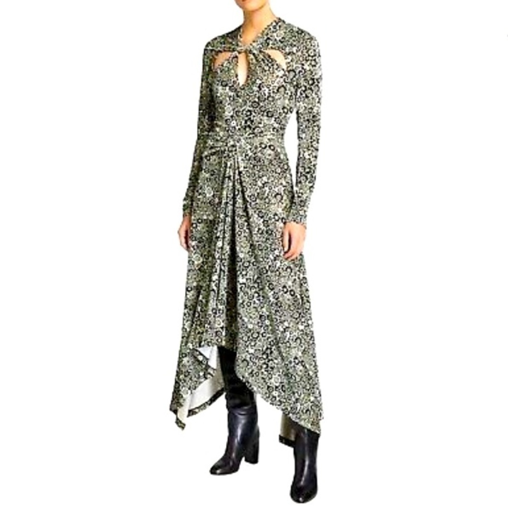 Rosetta Getty Twist Knot Floral Asymmetric Midi Dress medium black & white